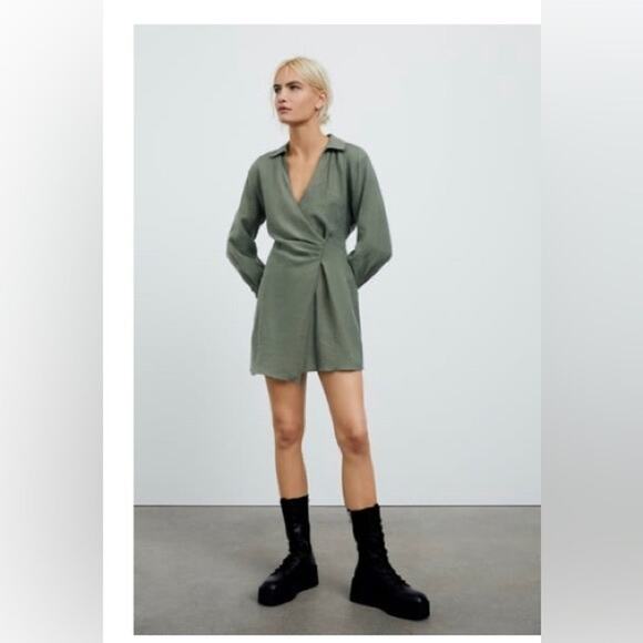 Zara Long Sleeve Tunic Wrap Style Mini Dress Collard V Neck Button M Olive Green - Picture 11 of 15